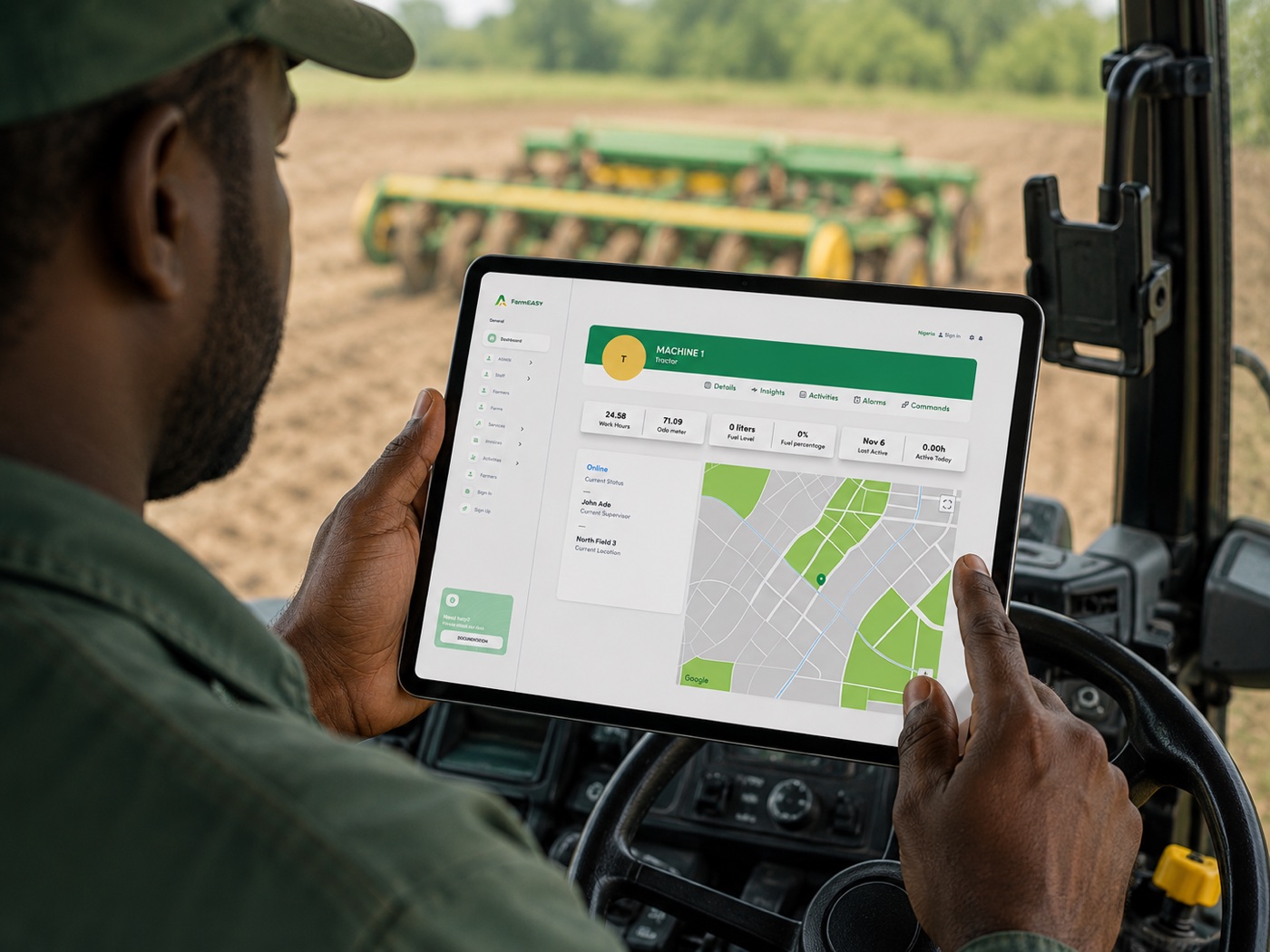 A field officer using FarmEASY OS on a tablet